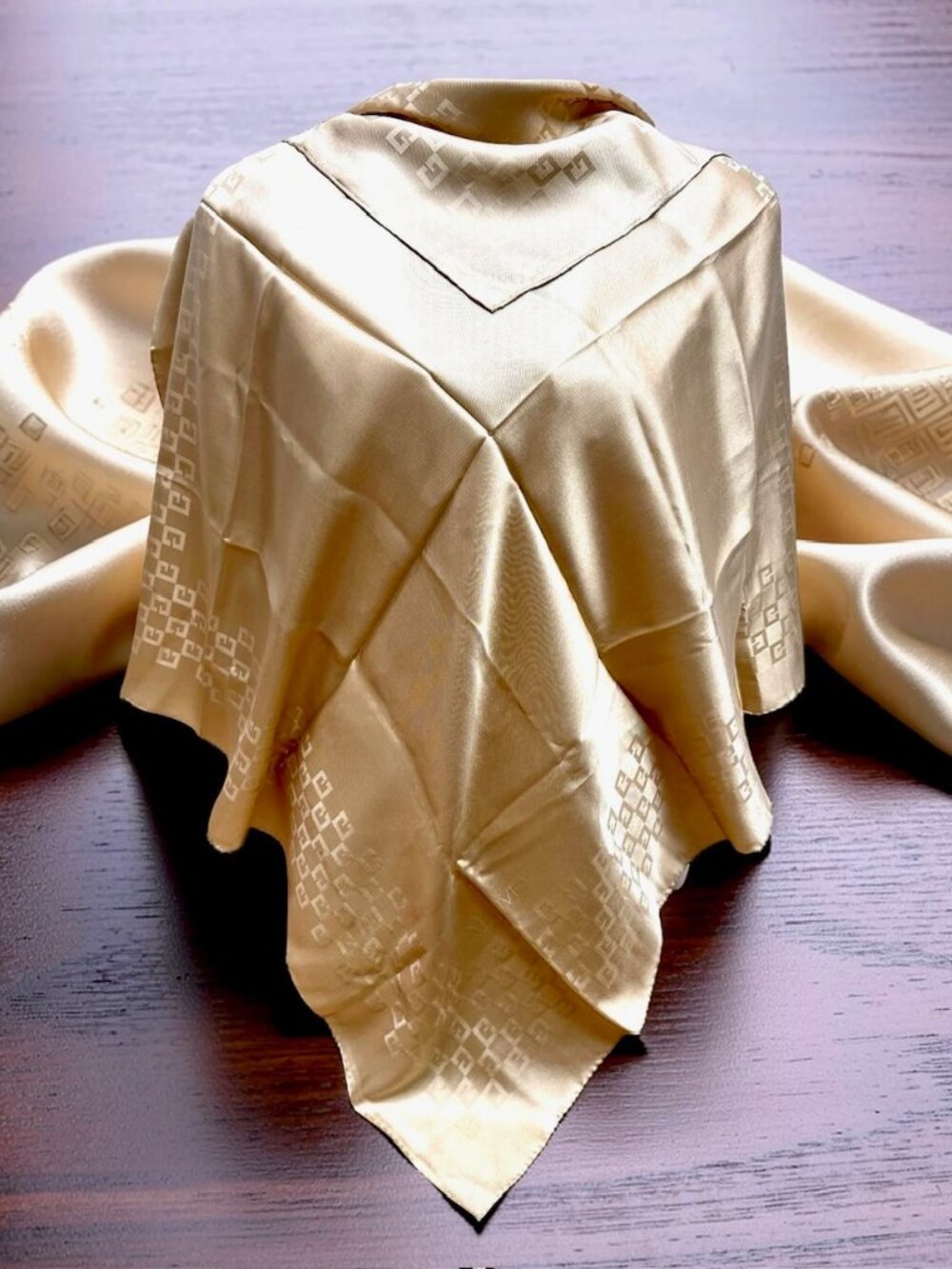 Never Worn   Givenchy Scarf 34"  100% Silk Satin beige gold  logo printed  (34